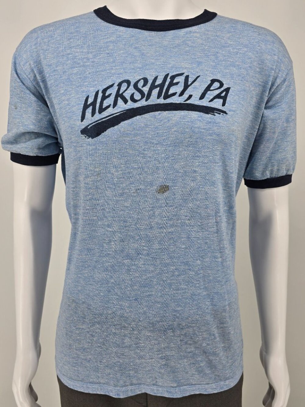 Vintage Late 1970s Early 1980s Hershey, PA Blue Heathered Ringer T-Shirt (L)